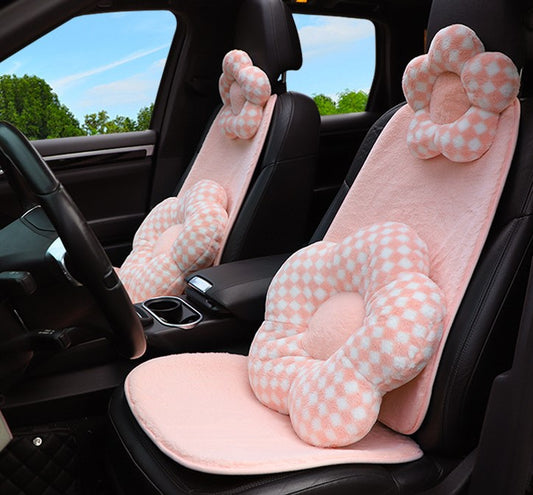 Pink and white gingham pattern car seat cover set displayed in vehicle interior.