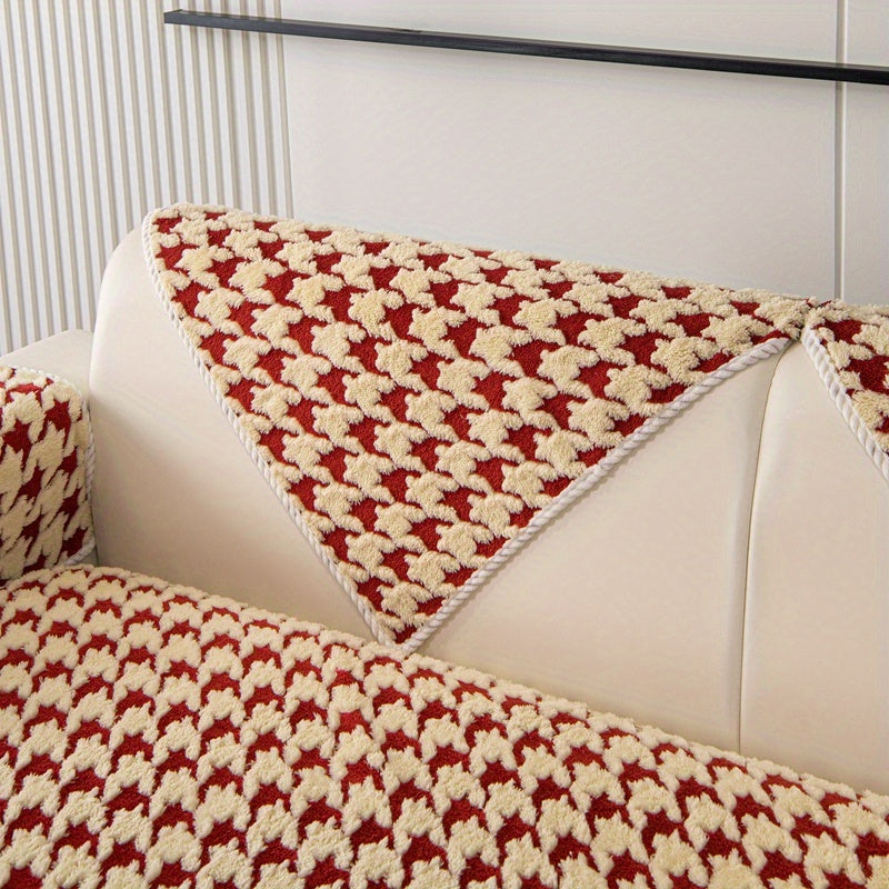 Cotton Plush Red Houndstooth Washable Couch Sofa Non Slip Cover