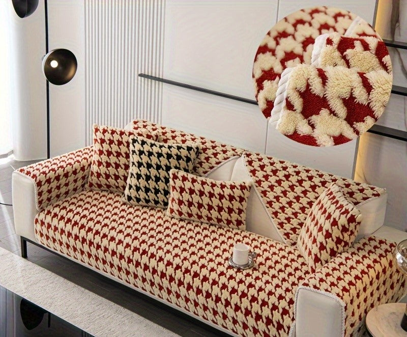 Cotton Plush Red Houndstooth Washable Couch Sofa Non Slip Cover